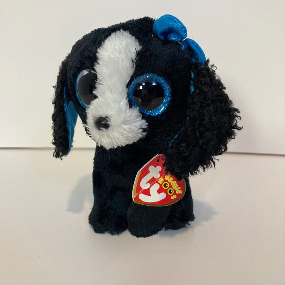 Ty Beanie Boos Tracey Dog Black White 6" Stuffed Plush Toy 2017 Blue Eyes W Tag - Picture 1 of 10